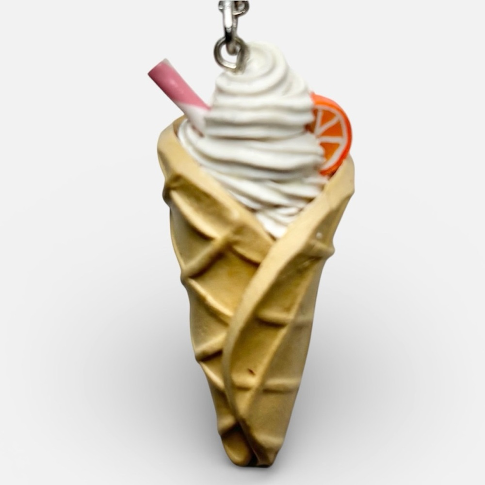 Handmade Ice Cream Waffle Cone Necklace with Pink & White Straw and Orange Slice